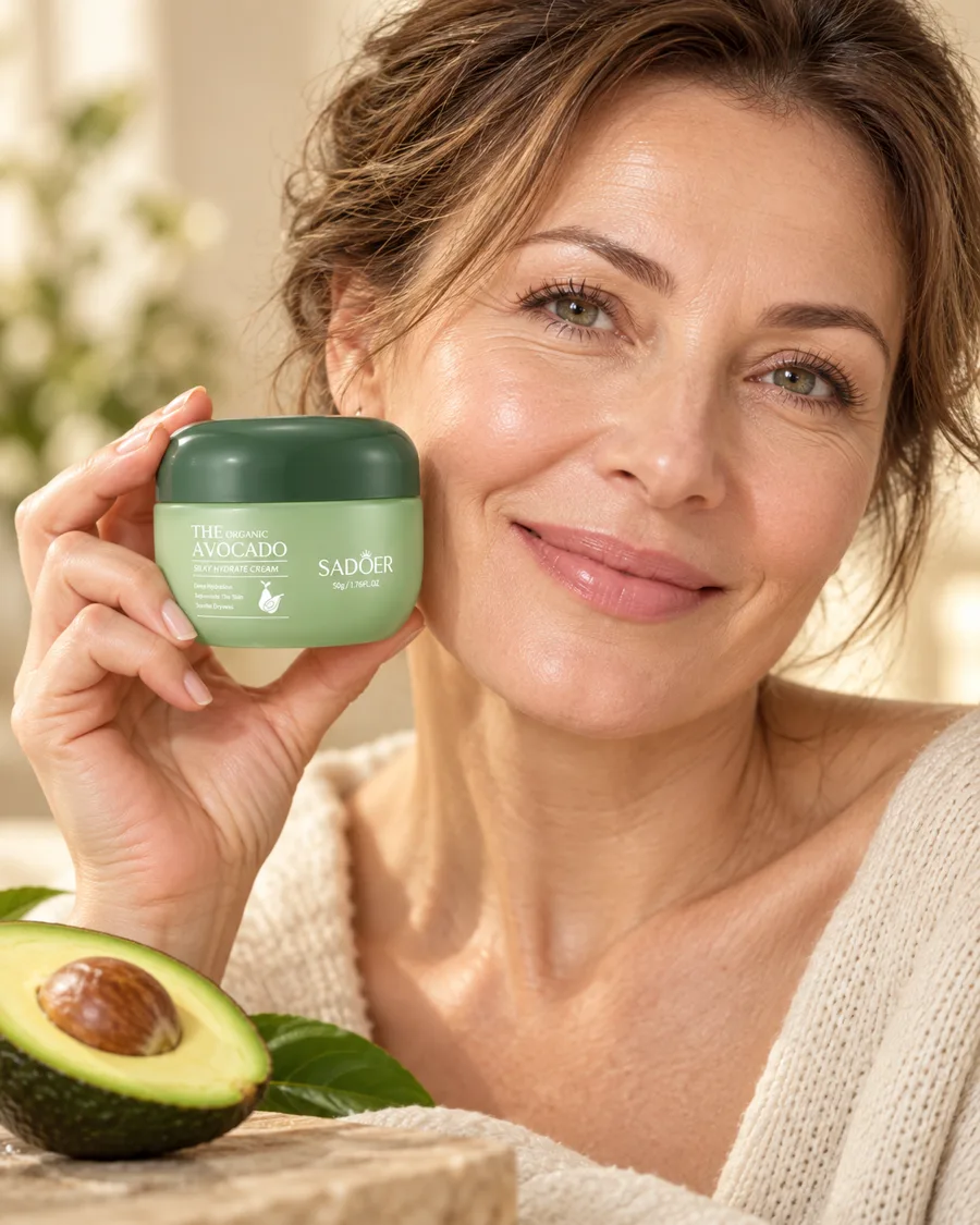 Femeie care ține crema cu avocado SADOER